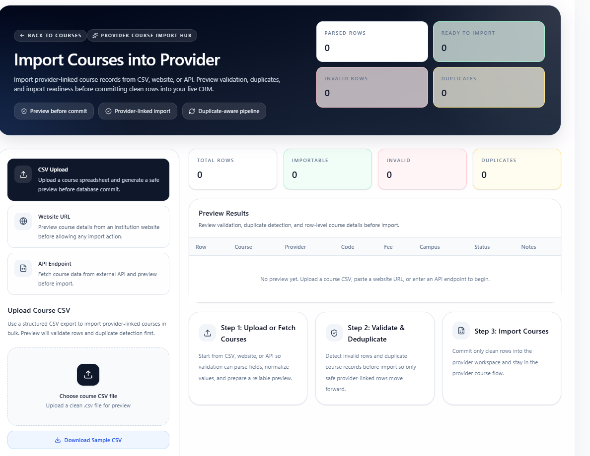 CRM Dynamic course import screen